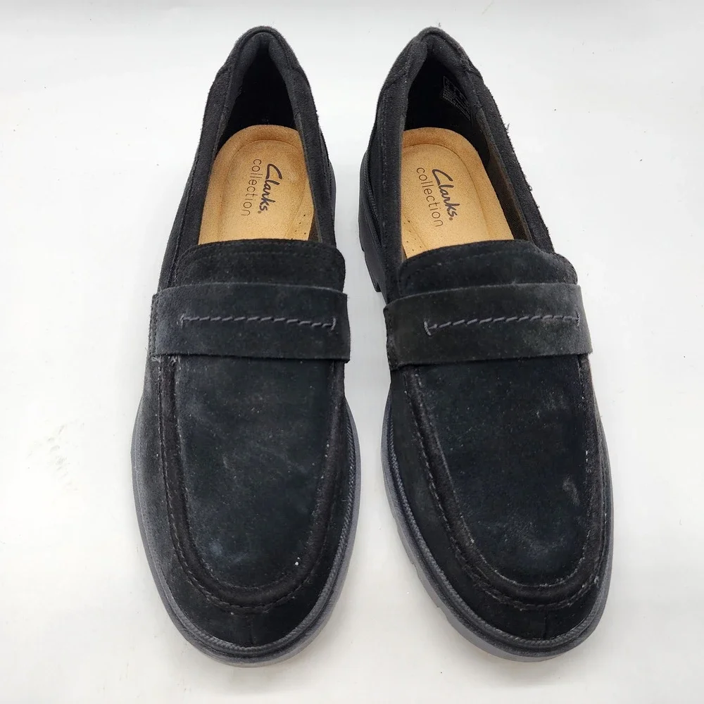 Clarks Calla Ease Loafers Women's 9 Black Suede Platform Lug Sole